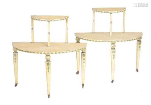 A pair of cream painted pine two tier plant stands
