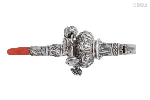A William IV sterling silver and coral babies rattle, London...