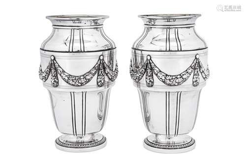 A pair of early 20th century French 950 standard silver vase...