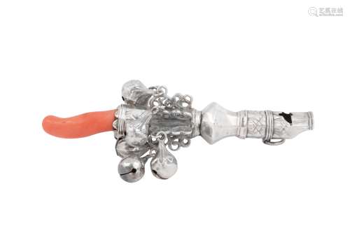 A George II unmarked silver and coral baby's rattle, probabl...