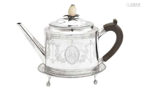 A George III sterling silver teapot on stand, London 1784 by...