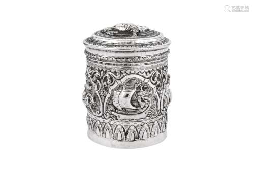 A mid-20th century Burmese unmarked silver tobacco jar or te...