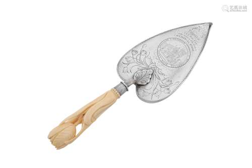 A Victorian sterling silver and ivory presentation trowel, L...