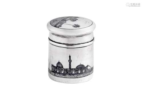 An early 20th century Iraqi silver and niello tobacco jar or...