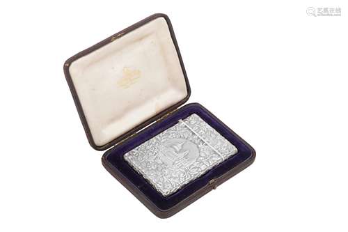 A cased Victorian sterling silver 'castle top' card case, Bi...