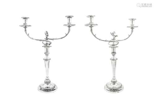 A pair of George III sterling silver two light candelabra, B...