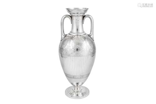 A Victorian sterling silver amphora vase, London 1864 by Edw...