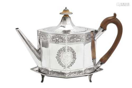 A George III sterling silver teapot on stand, London 1795 by...