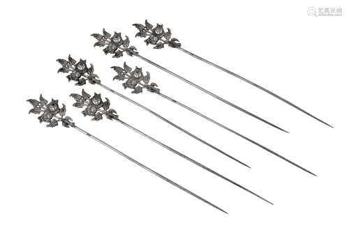 A set of six late 19th century Egyptian silver kebab skewers...