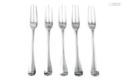 A set of five George I Britannia standard silver table forks...