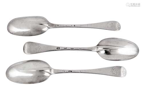 Three George I Britannia standard silver tablespoons, London...