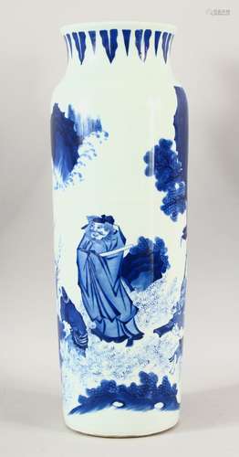 A CHINESE TRANSITIONAL TALL BLUE AND WHITE VASE, with figure...