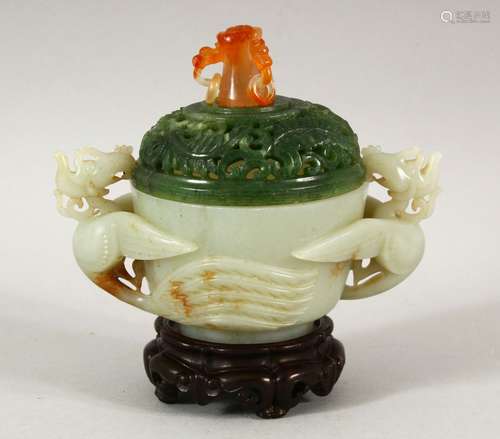 A VERY GOOD CHINESE TWO COLOUR JADE KORO AND COVER, finely c...