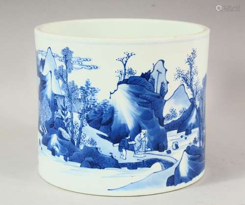 A KANGXI BLUE AND WHITE BRUSH POT, the sides with a continuo...