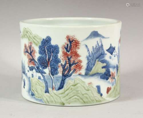 A CHINESE BLUE, WHITE AND COPPER RED BRUSH POT, the sides wi...