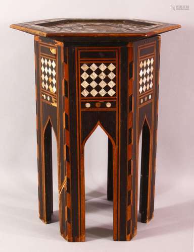 A SMALL MOORISH INLAID HEXAGONAL TOP TABLE - the table inlai...