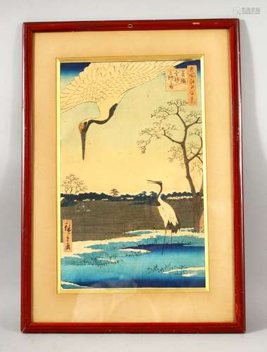 A JAPANESE WOODBLOCK PRINT, after Hiroshige, depicting crane...