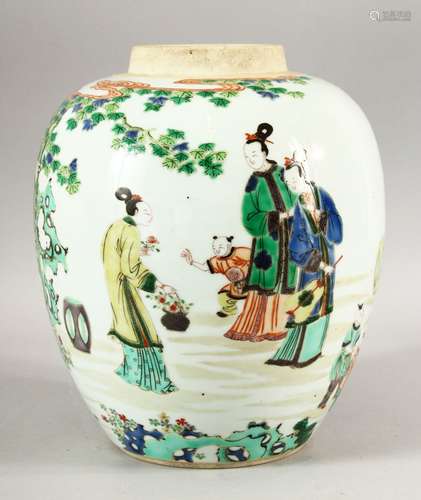 A CHINESE FAMILLE VERTE GINGER JAR, painted with figures and...