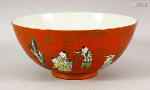 A GOOD CHINESE CORAL RED CIRCULAR BOWL, painted with numerou...