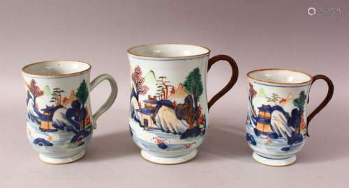 THREE 18TH CENTURY CHINESE IMARI PORCELAIN TANKARDS - each d...