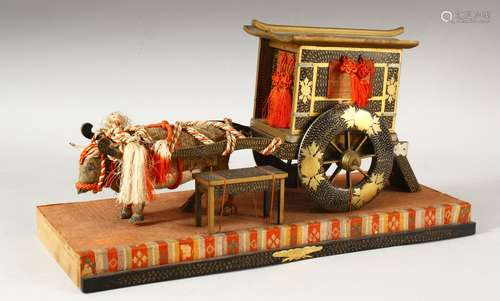 A JAPANESE GILT LACQUER CART AND OX DOLL ON STAND, overall 3...