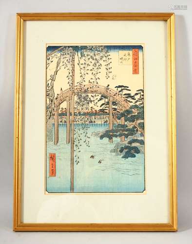 A JAPANESE WOODBLOCK PRINT, after Hiroshige, depicting figur...