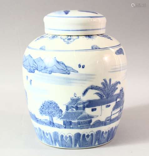 A CHINESE BLUE AND WHITE PORCELAIN JAR AND COVER, 26cm high ...