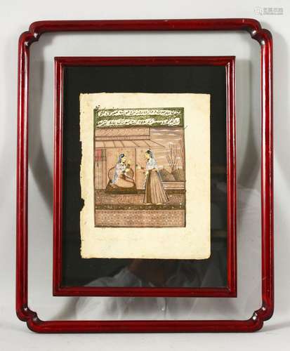 AN INDIAN PAINTED MINIATURE, depicting two young female figu...