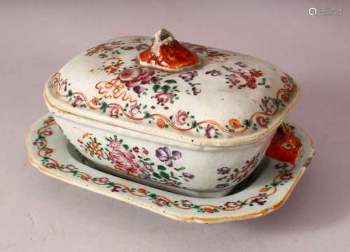 AN 18TH CENTURY CHINESE FAMILLE ROSE PORCELAIN TUREEN, COVER...