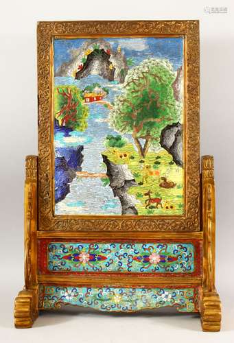 A LARGE HEAVY CHINESE CLOISONNE ENAMEL TABLE SCREEN in a bra...