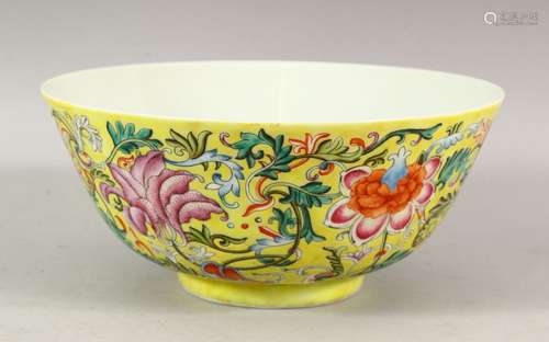 A GOOD CHINESE FAMILLE JAUNE BOWL, the centre painted with b...