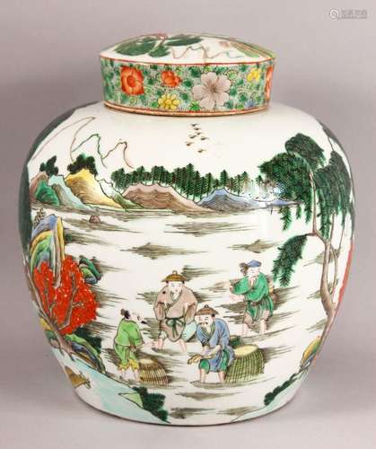 A 19TH CENTURY CHINESE FAMILLE VERTE PORCELIAN GINGER JAR & ...