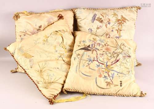 FOUR CHINESE EMBROIDERED CUSHIONS, each embroidered with bir...
