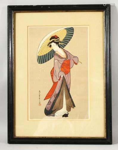 A JAPANESE WOODBLOCK PRINT depicting standing female figure ...