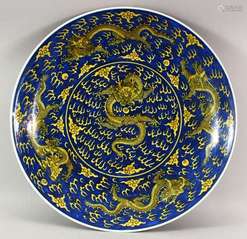 A VERY GOOD CHINESE BLUE AND YELLOW GROUND CHARGER, the cent...