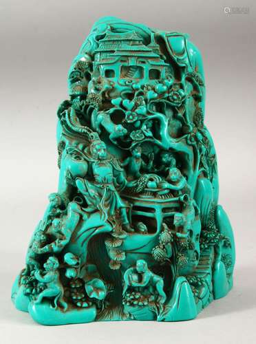 AN UNUSUAL CHINESE TURQUOISE COLOUR MOUNTAIN GROUP, depictin...