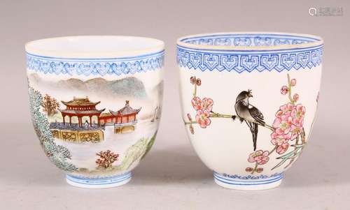 TWO CHINESE FAMILLE ROSE EGGSHELL PORCELAIN BEAKERS, one dec...