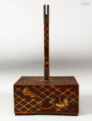 A JAPANESE WOOD AND LACQUER STAND, the base decorated with c...