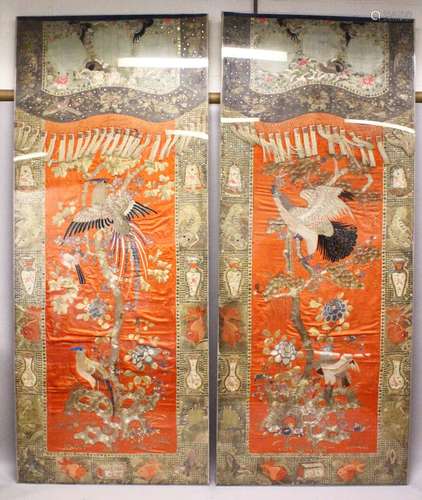 AN IMPRESSIVE PAIR OF CHINESE EMBROIDERED SILK PANELS, each ...