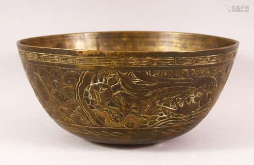 A 19TH / 20TH CENTURY CHINESE CARVED BRONZE DRAGON BOWL - th...