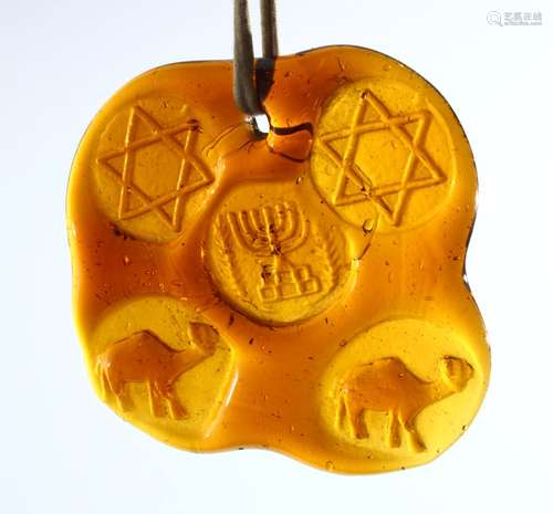 A JEWISH JUDAICA AMBER COLOUR GLASS HANGING / PENDANT - the ...