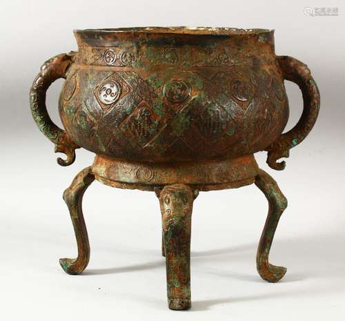 A LARGE CHINESE ARCHAIC STYLE BRONZE TWIN HANDLE CENSER, sup...