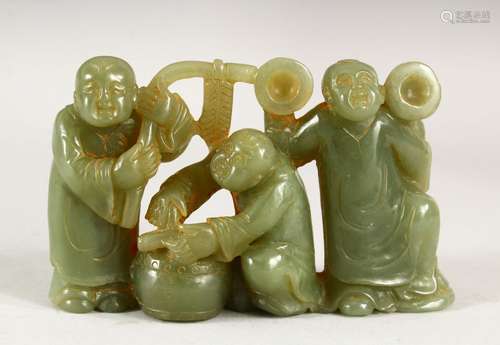 A CHINESE CARVED JADITE GROUP OF THREE MUSICIANS, 12.5cm wid...