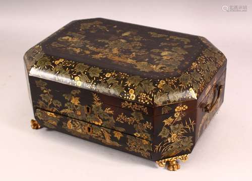 A GOOD CHINESE LAQUER DECORATED LIDDED SEWING BOX, decorated...