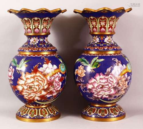 A PAIR OF CHINESE CLOISONNE VASES - with a deep royal blue g...