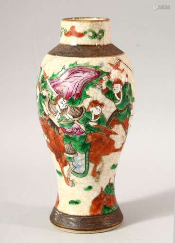 A SMALL CHINESE CRACKLE WARE VASE, painted with warriors, 21...