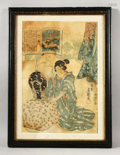 A JAPANESE WOODBLOCK PRINT, depicting a kneeling female figu...