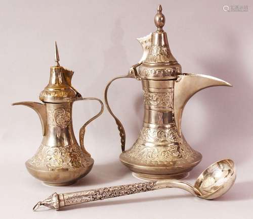 TWO INDIAN DALLAH WHITE METAL COFFEE POTS & LADLE - The ladl...