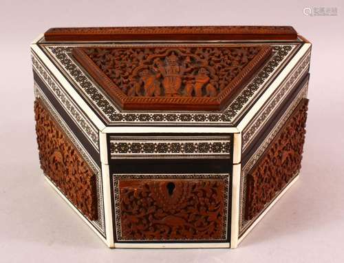 AN INDIAN CARVED WOOD & INLAID IVORY & EBONY LIDDED BOX, car...