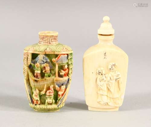 TWO CHINESE CARVED IVORY SNUFF BOTTLES, one painted, the oth...